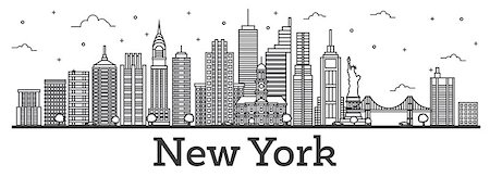 simsearch:400-08628897,k - Outline New York USA City Skyline with Modern Buildings Isolated on White. Vector Illustration. New York Cityscape with Landmarks. Foto de stock - Super Valor sin royalties y Suscripción, Código: 400-09171623