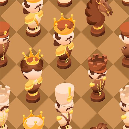 Chess seamless pattern with isometric cartoon chess pieces King, Queen, Bishop, Rook, Pawn, Knife. Vector flat illustration. Decoration for wrapping paper, prints for clothes, textiles, wallpapers Photographie de stock - Aubaine LD & Abonnement, Code: 400-09171636