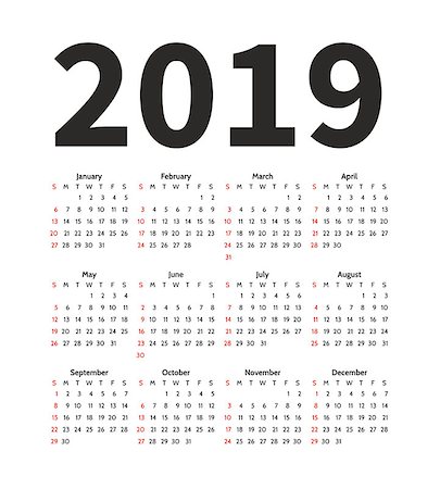 Calendar 2019 year vector design template. Simple minimalizm style. Week starts from Sunday. Portrait Orientation. Set of 12 Months. Print Template. Foto de stock - Royalty-Free Super Valor e Assinatura, Número: 400-09171703