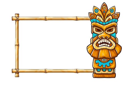 simsearch:400-05349464,k - Tiki traditional hawaiian tribal mask with human face on bamboo frame with copyspace. Wooden totem symbol, god from ancient culture of Hawaii. Hand drawn in cartoon style, isolated on white background. EPS10 vector illustration. Stockbilder - Microstock & Abonnement, Bildnummer: 400-09171755