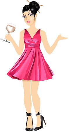 Vector Illustration of Asian woman with pink dress and red wine. Stock Photo - Budget Royalty-Free & Subscription, Code: 400-09171785