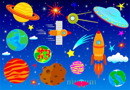 stars cartoon galaxy - A set of astronomical elements against the background of the night starry sky. Space set. Elements on the space theme. Stock Photo - Budget Royalty-Free & Subscription, Code: 400-09171905