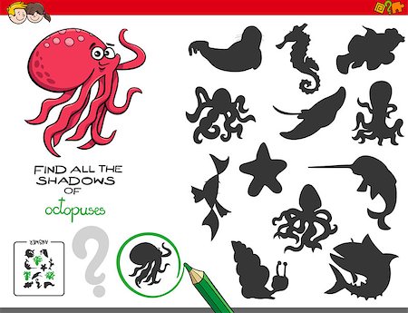 Cartoon Illustration of Finding All The Shadows of Octopuses Educational Game for Children Stock Photo - Budget Royalty-Free & Subscription, Code: 400-09171907