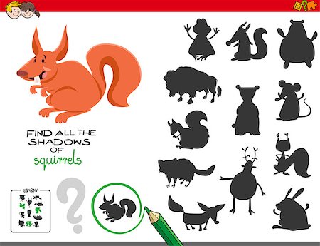 Cartoon Illustration of Finding All The Shadows of Squirrels Educational Game for Children Stock Photo - Budget Royalty-Free & Subscription, Code: 400-09171908
