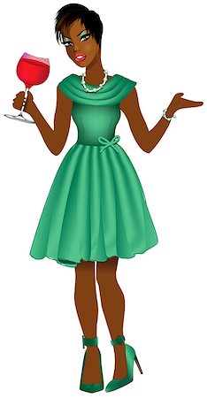 simsearch:400-04349663,k - Vector Illustration of Black woman with green dress and red wine. Stock Photo - Budget Royalty-Free & Subscription, Code: 400-09171970