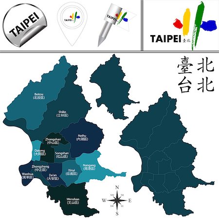 Vector map of Taipei, Taiwan with named districts and travel icons. There are Chinese characters in a set - it means Taipei Stock Photo - Budget Royalty-Free & Subscription, Code: 400-09172051