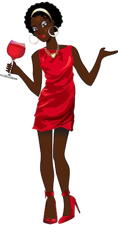 Vector Illustration of Black woman with red dress and red wine. Stock Photo - Budget Royalty-Free & Subscription, Code: 400-09172153