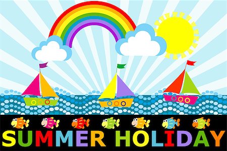 seascape drawing - Fantasy cartoon seascape with boats and rainbow, summer holiday concept Stock Photo - Budget Royalty-Free & Subscription, Code: 400-09172374