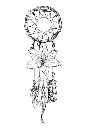 Monochrome vector illustration with hand drawn dream catcher. Ornate ethnic items, feathers, beads and flower Fotografie stock - Microstock e Abbonamento, Codice: 400-09172404