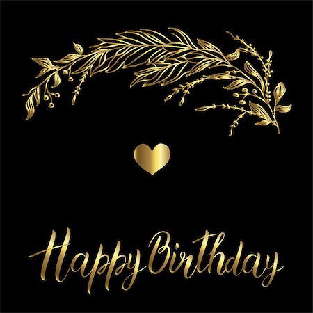 Vector greeting card. Composition with golden happy birthday inscription and broad branch in on a black background Stockbilder - Microstock & Abonnement, Bildnummer: 400-09172406