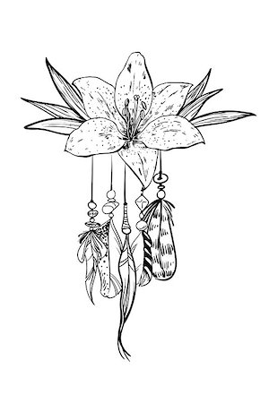 Monochrome vector illustration with hand drawn flower and bird feathers. Ornate ethnic items, feathers, beads and flower Stockbilder - Microstock & Abonnement, Bildnummer: 400-09172403
