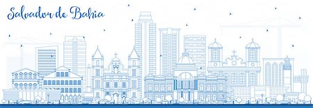 simsearch:400-09051576,k - Outline Salvador de Bahia City Skyline with Blue Buildings. Vector Illustration. Business Travel and Tourism Concept with Historic Architecture. Salvador de Bahia Cityscape with Landmarks. Photographie de stock - Aubaine LD & Abonnement, Code: 400-09172698