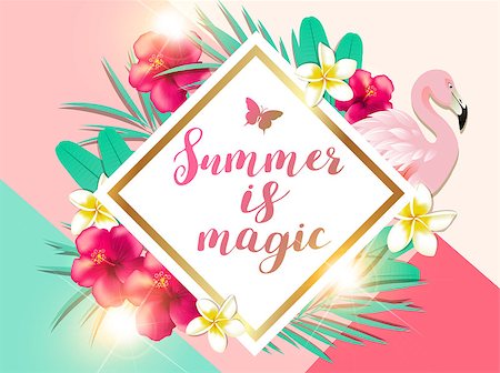 simsearch:400-09048464,k - Summer tropical background with green palm leaves, pink flamingo and red hibiscus flowers. Summer is magic  lettering. Stockbilder - Microstock & Abonnement, Bildnummer: 400-09172789