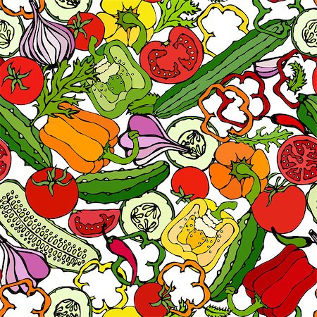 red pepper drawing - Vegetable Seamless Pattern with Cucumbers, Red Tomatoes, Bell Pepper, Beet, Carrot, Onion, Garlic, Chilli. Fresh Green Salad. Healthy Vegetarian Food. Hand Drawn Illustration. Doodle Style Stock Photo - Budget Royalty-Free & Subscription, Code: 400-09172870