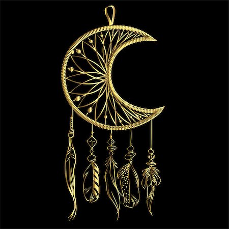 Vector illustration with hand drawn dream catcher isolated on a black background. Luxury golden feathers and beads Fotografie stock - Microstock e Abbonamento, Codice: 400-09172917