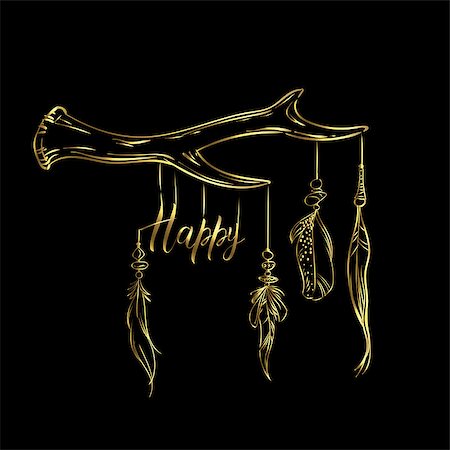 Luxury card with hand drawn ethnic elements isolated on a black background. Golden branch and feathers, inscription HAPPY. Vector illustration Fotografie stock - Microstock e Abbonamento, Codice: 400-09172918