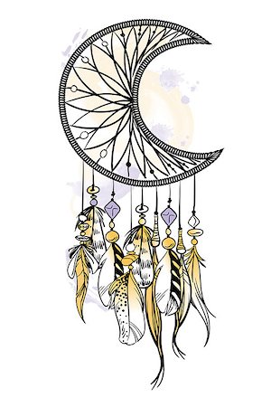 Vector illustration with hand drawn dream catcher. Watercolor brush strokes and stains. Ornate ethnic items, feathers, beads Stockbilder - Microstock & Abonnement, Bildnummer: 400-09172911