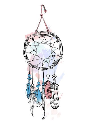 Vector illustration with hand drawn dream catcher. Watercolor brush strokes and stains. Ornate ethnic items, feathers, beads Stockbilder - Microstock & Abonnement, Bildnummer: 400-09172912
