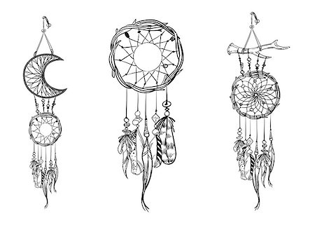 Set of hand drawn dream catchers. Ornate ethnic items, feathers and beads. Monochrome vector illustration Stockbilder - Microstock & Abonnement, Bildnummer: 400-09172926