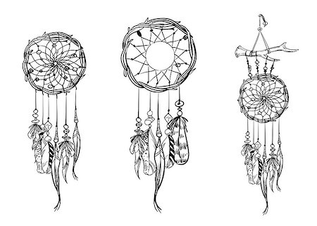 Set of hand drawn dream catchers. Ornate ethnic items, feathers and beads. Monochrome vector illustration Stockbilder - Microstock & Abonnement, Bildnummer: 400-09172928