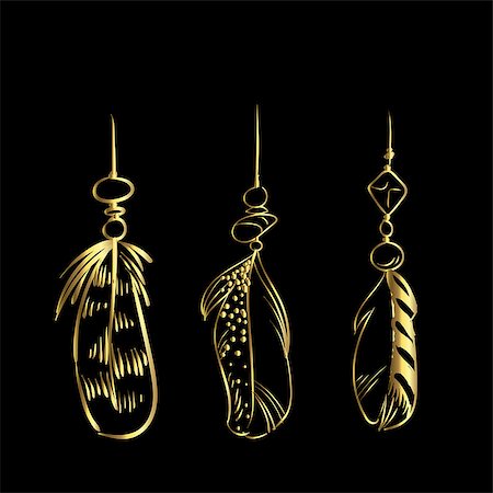 Luxury hand drawn golden feathers isolated on a black background. Vector elements for your design Fotografie stock - Microstock e Abbonamento, Codice: 400-09172920