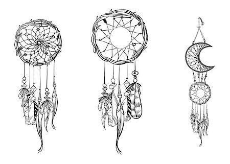 Set of hand drawn dream catchers. Ornate ethnic items, feathers and beads. Monochrome vector illustration Fotografie stock - Microstock e Abbonamento, Codice: 400-09172923