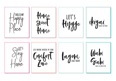 Home sweet home, happy place, comfort zone, hygge, lagom, wabi sabi, wall art prints, vector set Stock Photo - Budget Royalty-Free & Subscription, Code: 400-09173072