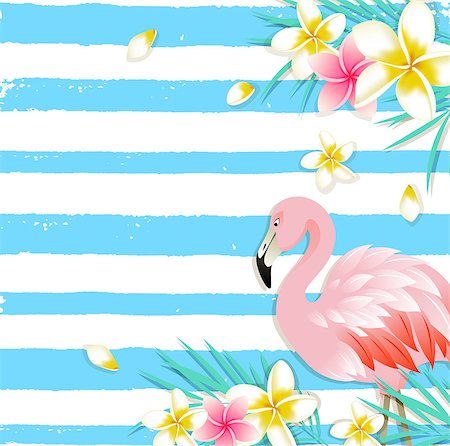 simsearch:400-09048464,k - Blue summer vector tropical background with plumeria flowers, green palm leaves and pink flamingo. Stockbilder - Microstock & Abonnement, Bildnummer: 400-09173157