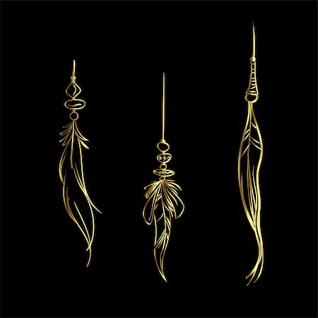 Luxury hand drawn golden feathers isolated on a black background. Vector elements for your design Fotografie stock - Microstock e Abbonamento, Codice: 400-09173309