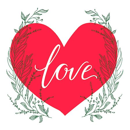 simsearch:400-09170979,k - Vector greeting card. Composition with LOVE inscription on a big red heart and green broad branches on a white background. Universal love postal Stockbilder - Microstock & Abonnement, Bildnummer: 400-09173317