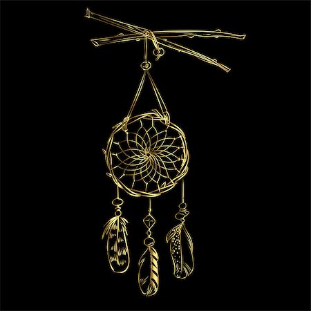 Vector illustration with hand drawn dream catcher isolated on a black background. Luxury golden feathers and beads Fotografie stock - Microstock e Abbonamento, Codice: 400-09173311