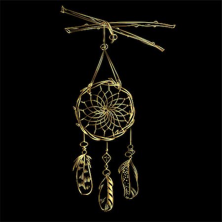 Vector illustration with hand drawn dream catcher isolated on a black background. Luxury golden feathers and beads Stockbilder - Microstock & Abonnement, Bildnummer: 400-09173311