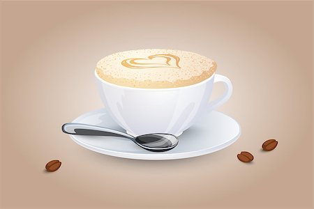 Cappuccino with a heart on milk foam. Popular coffee drink in white cup with saucer and spoon. Vector illustration Fotografie stock - Microstock e Abbonamento, Codice: 400-09173320