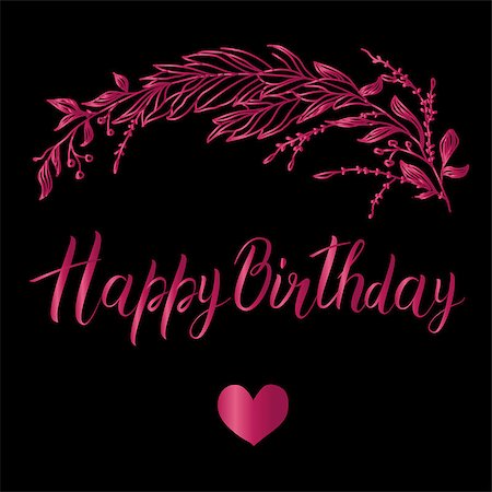 Vector greeting card. Composition with happy birthday inscription and broad branch in pink color on a black background Stockbilder - Microstock & Abonnement, Bildnummer: 400-09173364