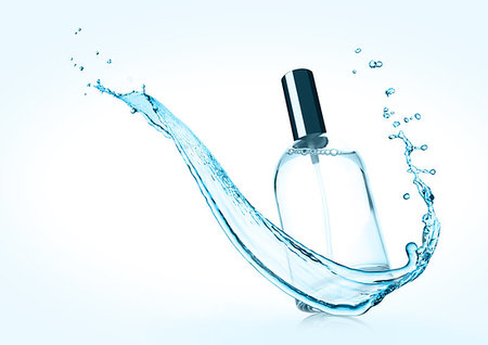 Luxury cyan light blue liquid  perfume bottle with splashes on blue background Stock Photo - Budget Royalty-Free & Subscription, Code: 400-09185923