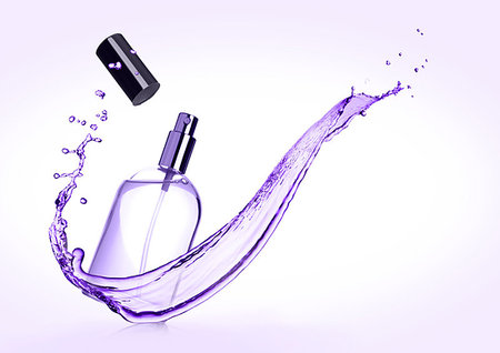 Luxury violet purple liquid perfume bottle with splashes on purple background Stock Photo - Budget Royalty-Free & Subscription, Code: 400-09186063