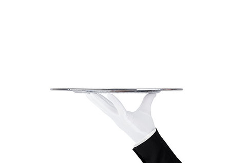 simsearch:400-08259053,k - Servant wearing white glove holds stainless steel tray on white background Stock Photo - Budget Royalty-Free & Subscription, Code: 400-09186153