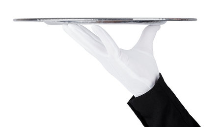 simsearch:400-08259053,k - Servant wearing white glove holds stainless steel tray on white background Stock Photo - Budget Royalty-Free & Subscription, Code: 400-09186201