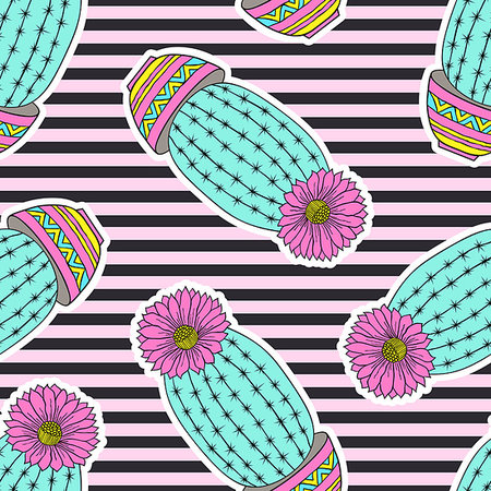 simsearch:400-09121573,k - Seamless pattern with colorful hand drawn cactuses on striped background. Photographie de stock - Aubaine LD & Abonnement, Code: 400-09186269