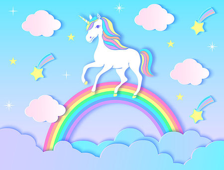 Paper unicorn, clouds,rainbow and stars on violet gradient background.Vector illustration. Stockbilder - Microstock & Abonnement, Bildnummer: 400-09186415