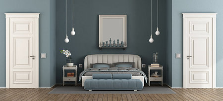 simsearch:400-07796866,k - Elegant blue master bedroom with leather bed and two closed door - 3d rendering Stock Photo - Budget Royalty-Free & Subscription, Code: 400-09225003