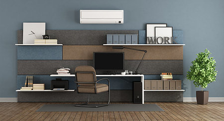 Blue and brown modern office with fabric paneling with shelves and desk - 3d rendering Stock Photo - Budget Royalty-Free & Subscription, Code: 400-09225011