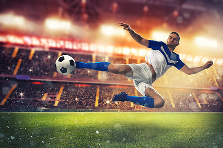 simsearch:400-09083466,k - Football scene with a player who kicks the ball on the fly at the stadium Foto de stock - Super Valor sin royalties y Suscripción, Código: 400-09225510