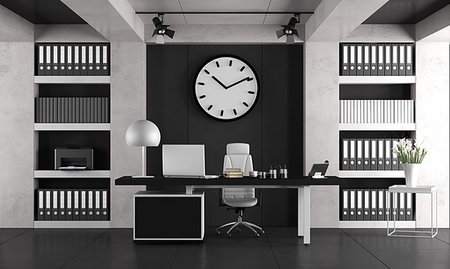 simsearch:400-04280058,k - Black and white minimalist office with laptop om desk and bookcase - 3d rendering Foto de stock - Super Valor sin royalties y Suscripción, Código: 400-09225778