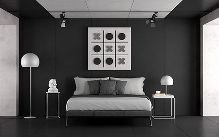 Black and white master bedroom with minimalist furniture and concrete walls - 3d rendering Stock Photo - Budget Royalty-Free & Subscription, Code: 400-09225770