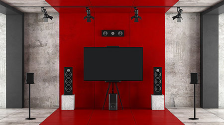 pilaster - Red and black home cinema system with sound equipment and tv against concrete wall - 3d rendering Stockbilder - Microstock & Abonnement, Bildnummer: 400-09225772