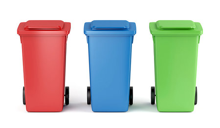 Red, blue and green plastic garbage bins on white background Stock Photo - Budget Royalty-Free & Subscription, Code: 400-09225797