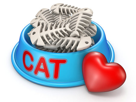 fish bones on plate - Cat food bowl and red heart 3D rendering illustration isolated on white background Stock Photo - Budget Royalty-Free & Subscription, Code: 400-09225885