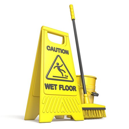 Yellow wet floor sign, bucket and mop 3D rendering illustration isolated on white background Stock Photo - Budget Royalty-Free & Subscription, Code: 400-09225904