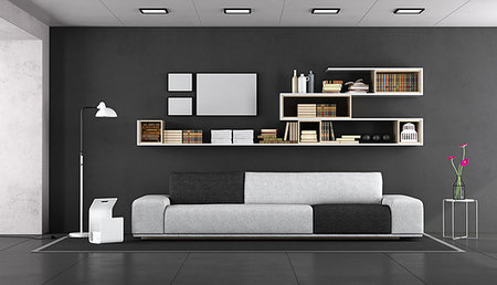 pilaster - Black and white modern living with fabric sofa and bookcase on wall - 3d rendering Stockbilder - Microstock & Abonnement, Bildnummer: 400-09225974